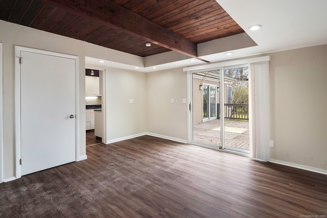 spare room with dark hardwood / wood-style flooring, beamed ceiling, and wooden ceiling