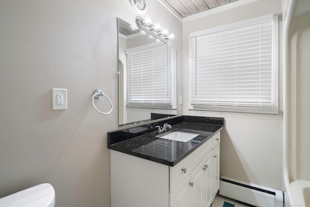 bathroom featuring wooden ceiling, a baseboard radiator, crown molding, toilet, and vanity