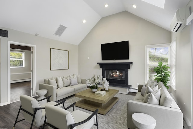 living room with high vaulted ceiling, dark hardwood / wood-style flooring, a wall mounted AC, and a baseboard heating unit