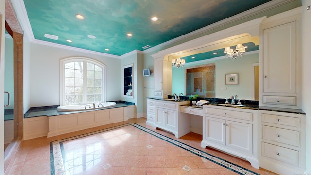 bathroom featuring shower with separate bathtub, a chandelier, tile floors, ornamental molding, and vanity