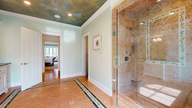 bathroom featuring tile flooring, vanity, an enclosed shower, and crown molding