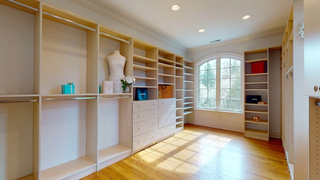 walk in closet with light hardwood / wood-style flooring