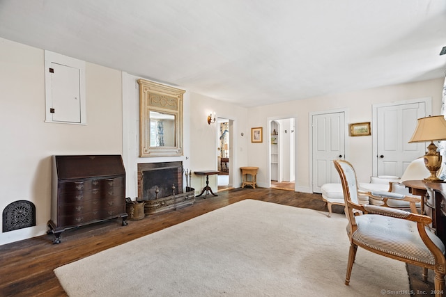 living room with dark hardwood / wood-style floors