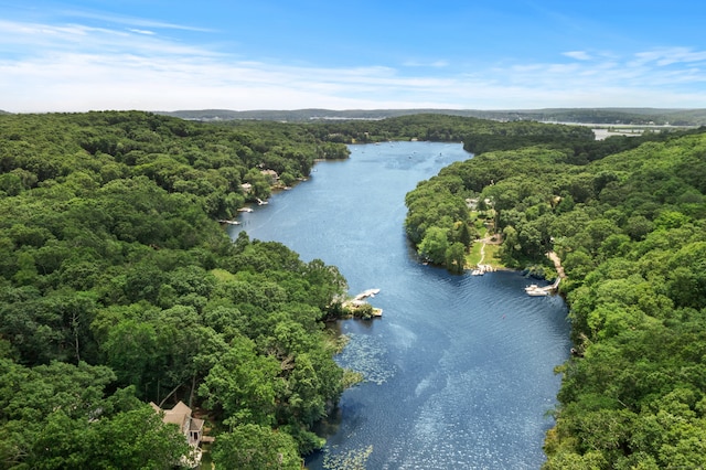 drone / aerial view featuring a water view