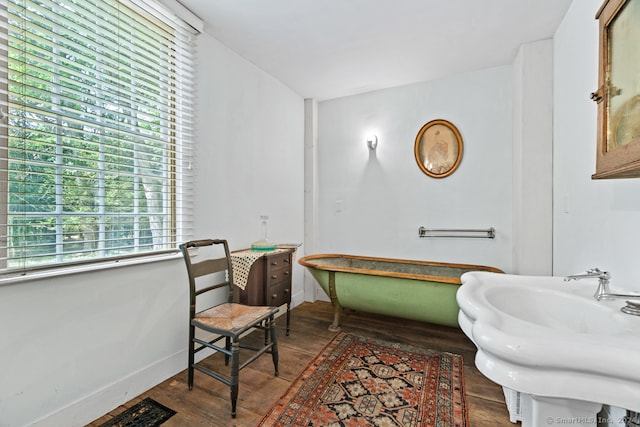 bathroom with hardwood / wood-style floors, a bathing tub, and a wealth of natural light