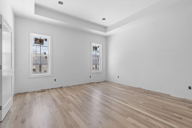 empty room featuring a raised ceiling and light wood-type flooring