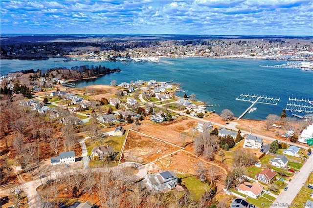 drone / aerial view featuring a water view