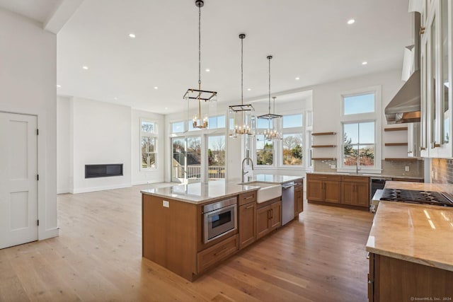 kitchen featuring decorative backsplash, appliances with stainless steel finishes, sink, pendant lighting, and light hardwood / wood-style flooring