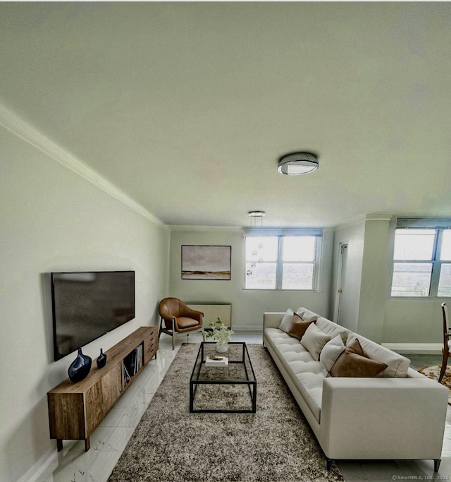 living room with crown molding and a wealth of natural light