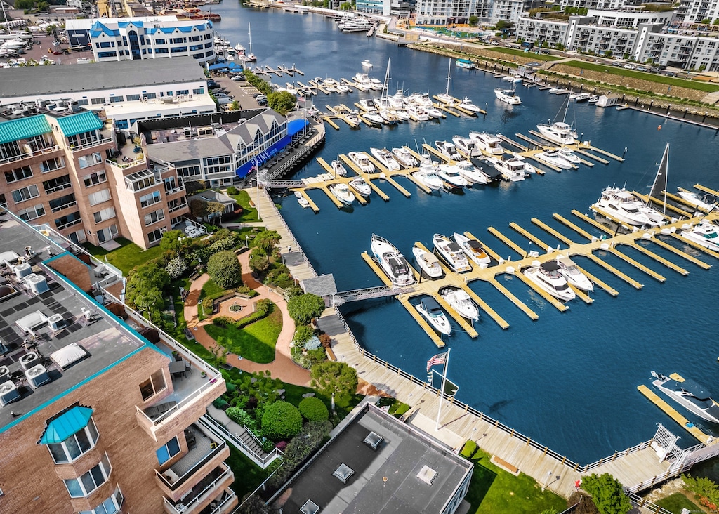 bird's eye view with a water view