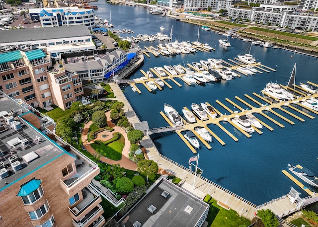 bird's eye view with a water view