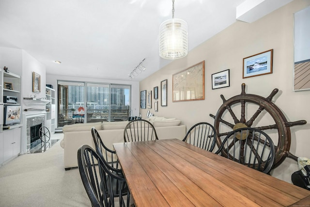 dining room featuring carpet and track lighting