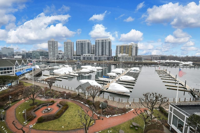 aerial view featuring a water view