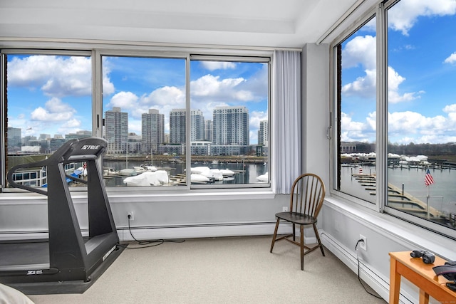 living area featuring plenty of natural light, a baseboard radiator, and carpet flooring