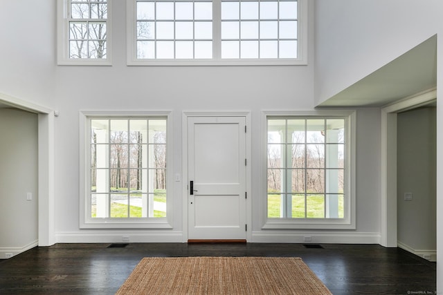 doorway with a towering ceiling and dark hardwood / wood-style floors