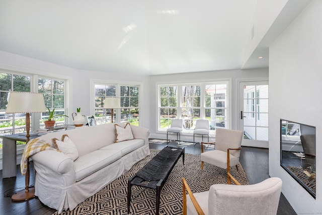 living room with dark wood-type flooring