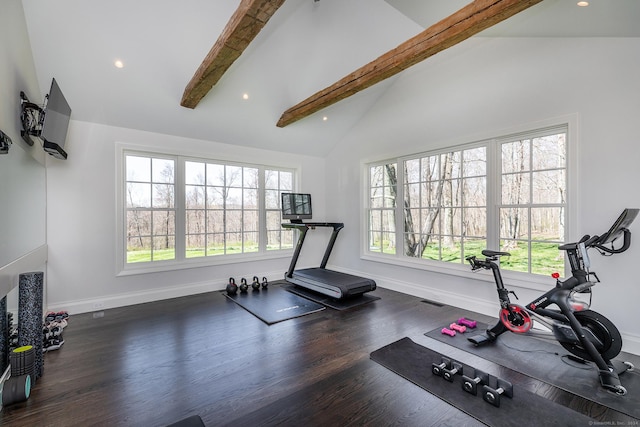 exercise area featuring lofted ceiling and dark wood-type flooring