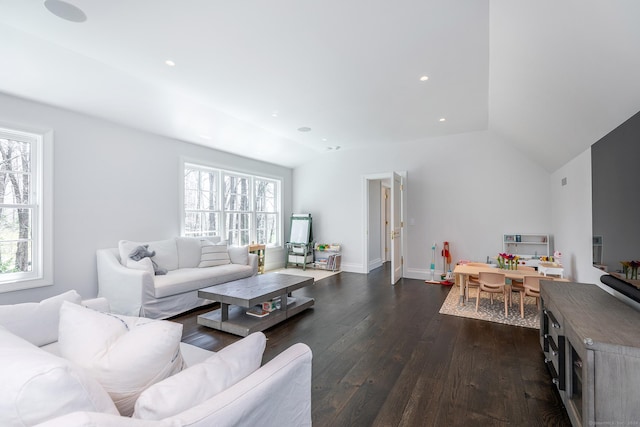 living room with dark wood-type flooring and vaulted ceiling