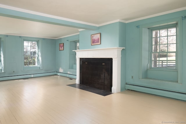 unfurnished living room featuring ornamental molding, hardwood / wood-style flooring, and baseboard heating