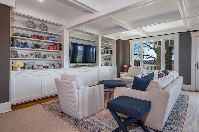 living room featuring beam ceiling, wood-type flooring, built in shelves, and coffered ceiling