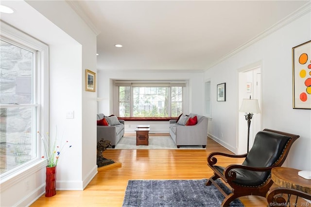 living room featuring wood finished floors, baseboards, and ornamental molding