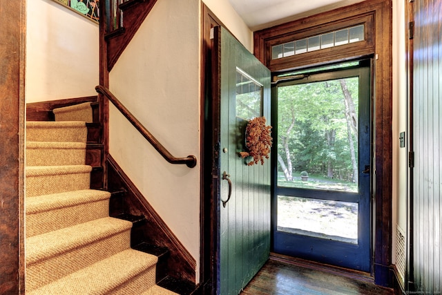 entryway with a healthy amount of sunlight and dark hardwood / wood-style flooring