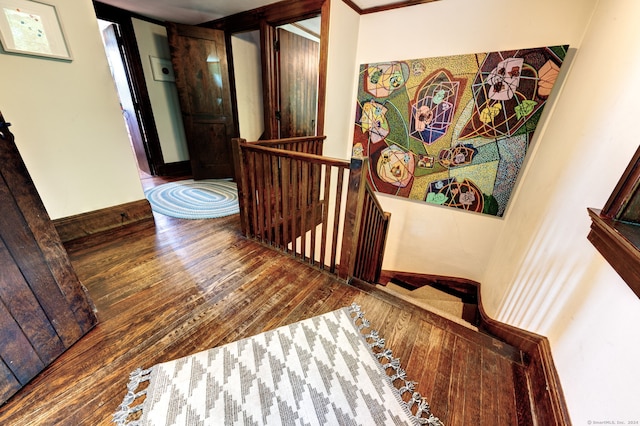 stairway with hardwood / wood-style flooring