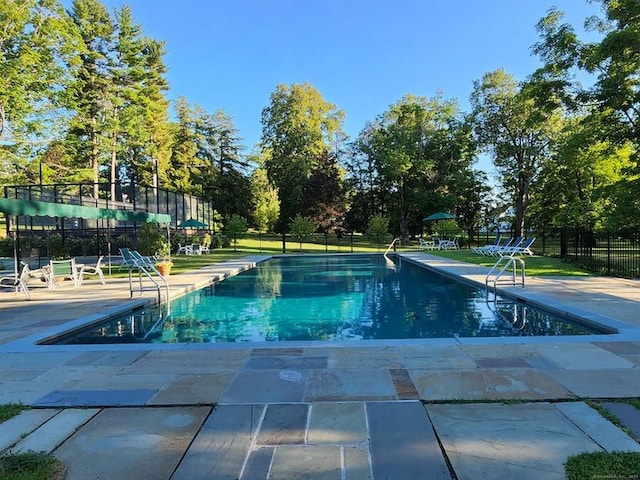 view of swimming pool featuring a patio area