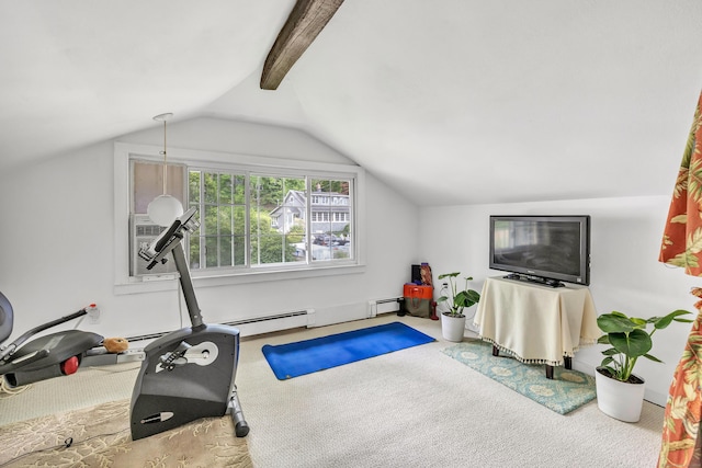 exercise room featuring carpet flooring, lofted ceiling, and baseboard heating