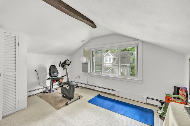 exercise area with baseboard heating, light carpet, and vaulted ceiling