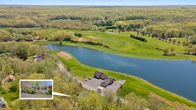 bird's eye view with a water view