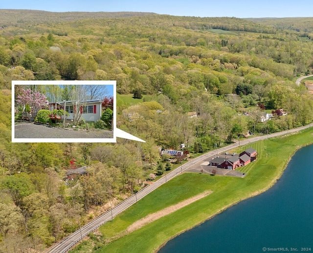 birds eye view of property featuring a water view