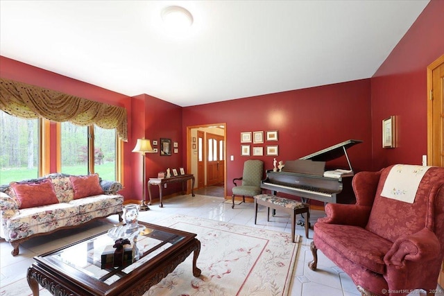 living room featuring light tile patterned floors