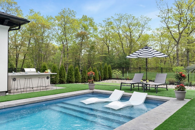 view of swimming pool featuring a yard