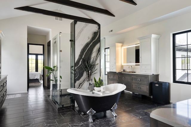 bathroom with tile floors, vanity, separate shower and tub, and vaulted ceiling with beams