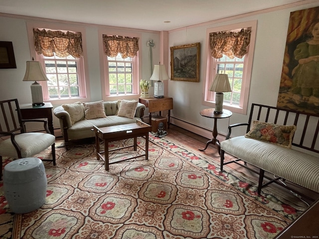 living room featuring plenty of natural light and ornamental molding