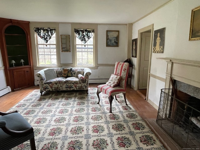 living room with hardwood / wood-style floors and a baseboard radiator