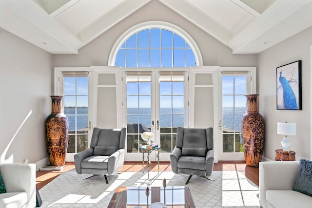 living room featuring high vaulted ceiling, hardwood / wood-style flooring, a water view, and french doors