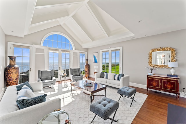 living room with high vaulted ceiling, french doors, wood-type flooring, and a water view