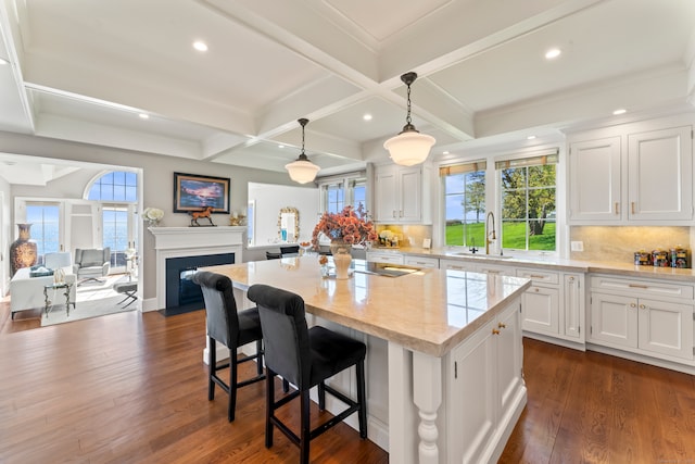 kitchen with dark hardwood / wood-style floors, tasteful backsplash, a kitchen island, hanging light fixtures, and white cabinetry