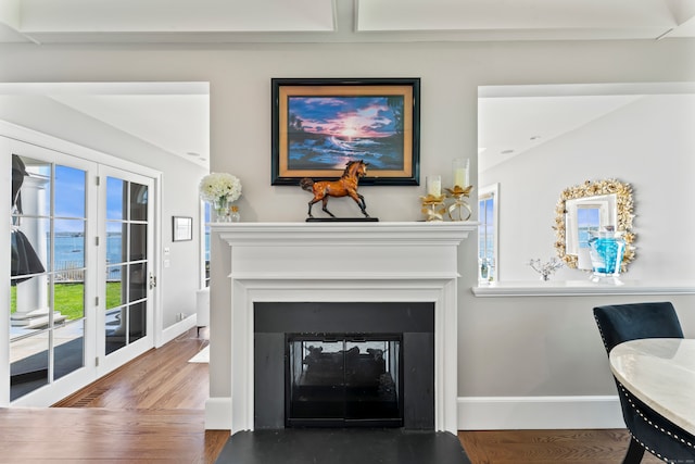 living room featuring french doors and dark hardwood / wood-style floors