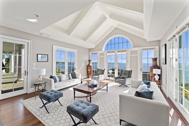 living room with high vaulted ceiling, dark wood-type flooring, a water view, and plenty of natural light