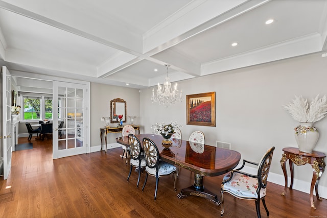 dining room with a notable chandelier, dark wood-type flooring, beam ceiling, and french doors