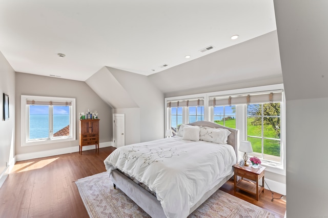 bedroom with dark wood-type flooring, multiple windows, and vaulted ceiling