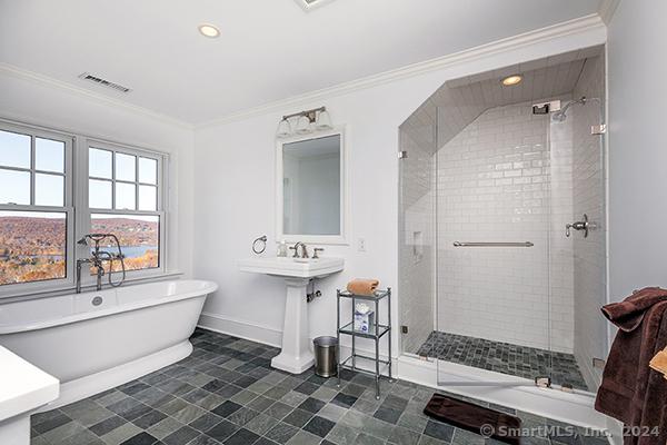 bathroom featuring crown molding and plus walk in shower