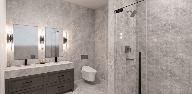 bathroom with walk in shower, vanity, toilet, and tile walls