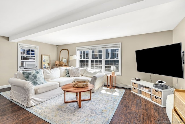 living room with dark hardwood / wood-style flooring, a baseboard radiator, and beamed ceiling