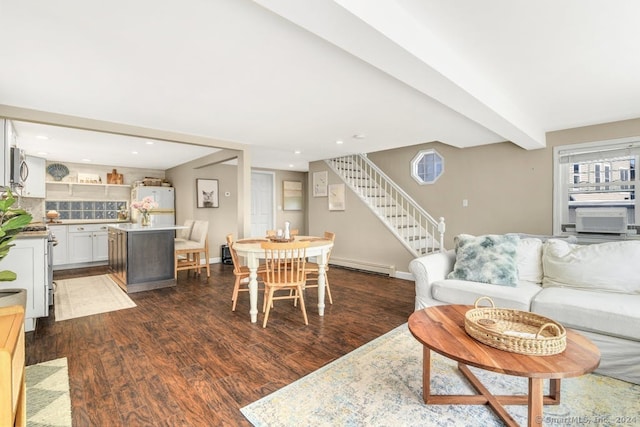 living room featuring baseboard heating, beam ceiling, cooling unit, and dark hardwood / wood-style floors