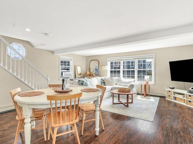 dining room with beam ceiling and dark hardwood / wood-style floors