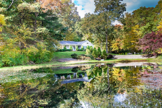 view of property's community featuring a lawn and a water view